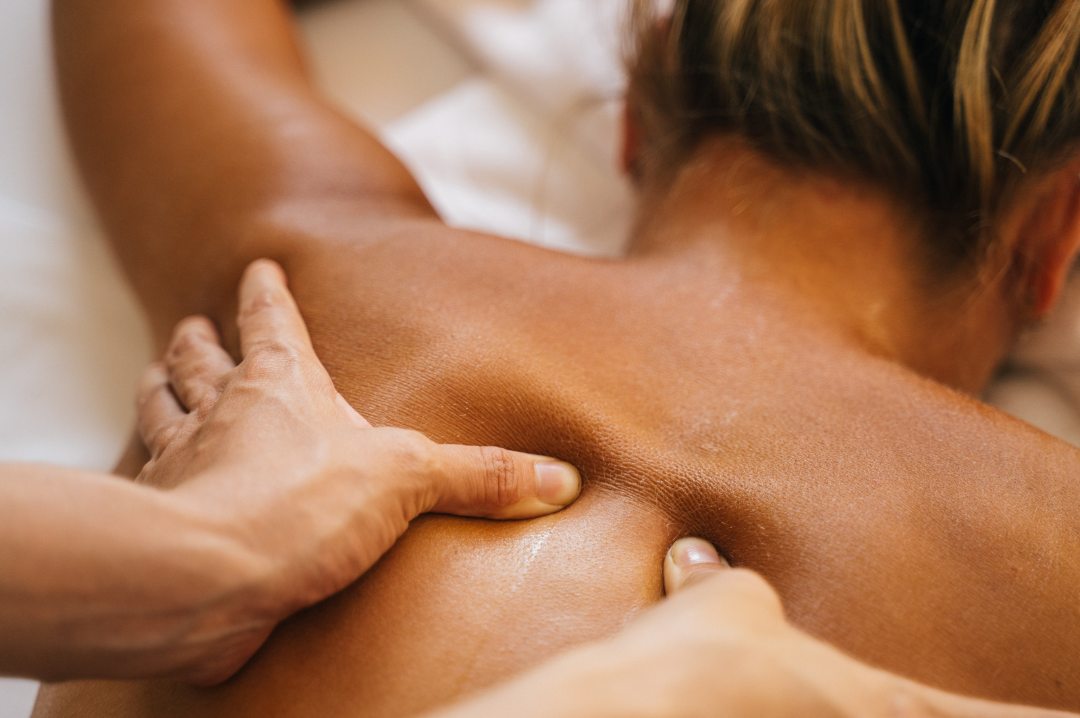 Deep tissue massage in Skipton targeting muscle tension in the upper back and shoulders.